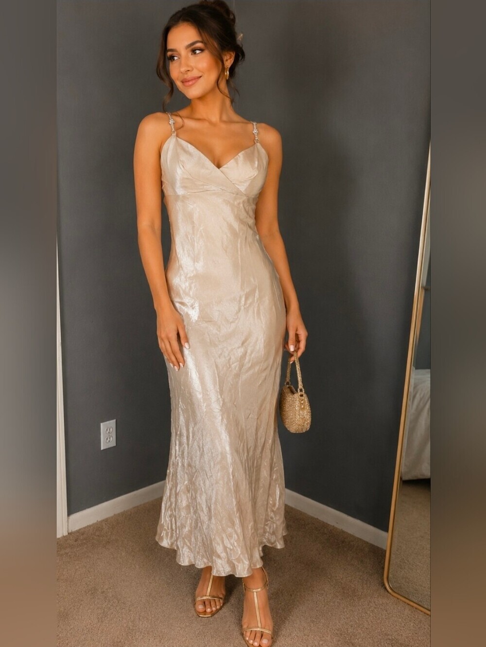 Elegant Champagne Slip Midi Dress with Delicate Straps